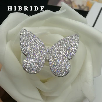 

HIBRIDE Clear Big Butterfly Adjustable Size Wedding Rrings White Gold Color Micro Rhinestone Pave Anillos Mujer R-150