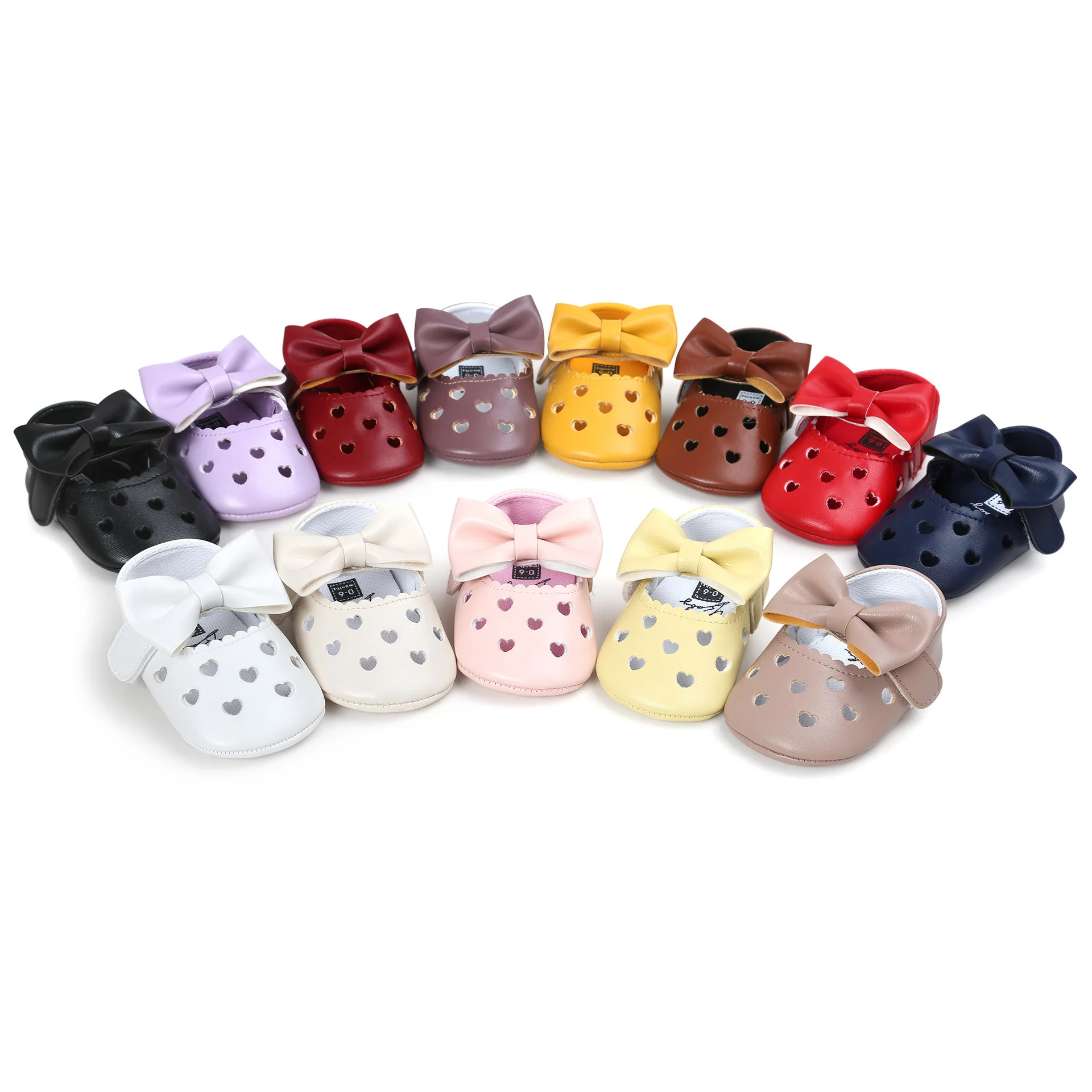 

Fashion 12 Colors Baby Heart Hollow with Big-Bow Shoes Newborn Girls Soft Sole Crib PU Leather Shoes 0-18M