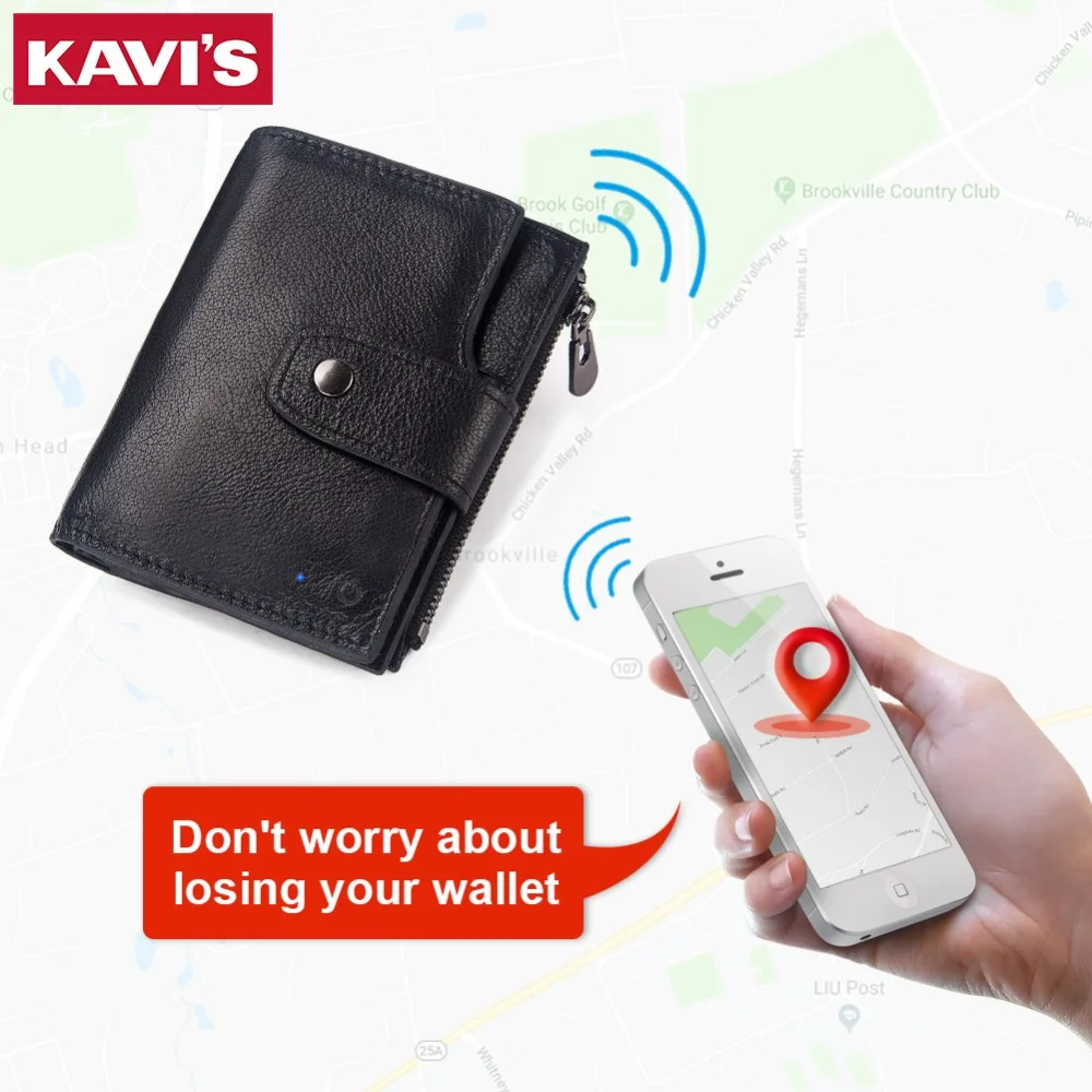 Мужской смарт кошелек KAVIS из натуральной кожи с rfid защитой и сигнализацией черный