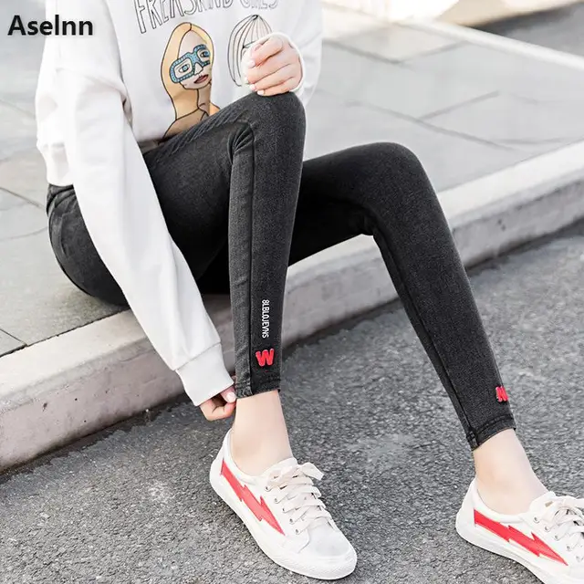 Aselnn 2018 Spring Slacks For Women Casual Elastic Waist Letter Embriodered Stretch Female Pencil Pants Trousers Plus Size