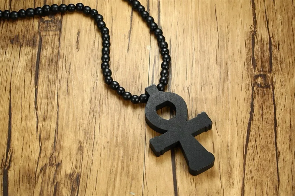 Мужская коричневая деревянная подвеска Ankh Cross с 35 дюймовым деревянным бисерным ожерельем мужские Египетские украшения в стиле хип-хоп для него ключ Нил