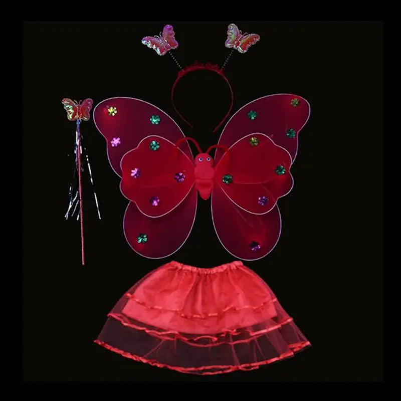 4 шт./компл. Детское платье для девочек светильник с крыльями бабочки, волшебной палочкой, Светодиодный проблесковый подарки повязка игрушка праздничный костюм сказочная балетная пачка юбка - Цвет: red