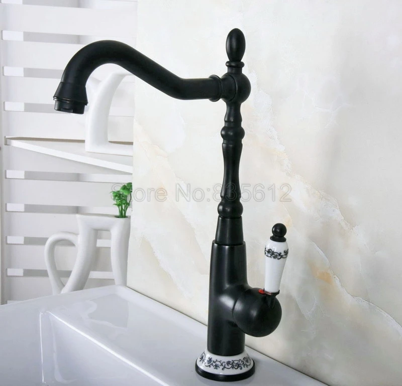 Black Kitchen Bathroom Sink Basin Faucet Single Handle Hole Deck Mounted Oil Rubbed Bronze Swivel Spout Mixer Taps tnf659