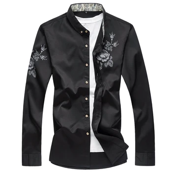 

2019 Autumn Men's Long Sleeve Chinese Style Floral Embroidered Fine Cotton Shirt Plus size Slim Long Sleeve Shirt Asian Size 7XL