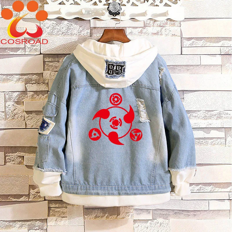 Cosroad Naruto Denim Jacket Uchiha Sasuke Cosplay Spring Autumn Jeans Hooded Sweatshirt Men Women Costumes Outwear Coats