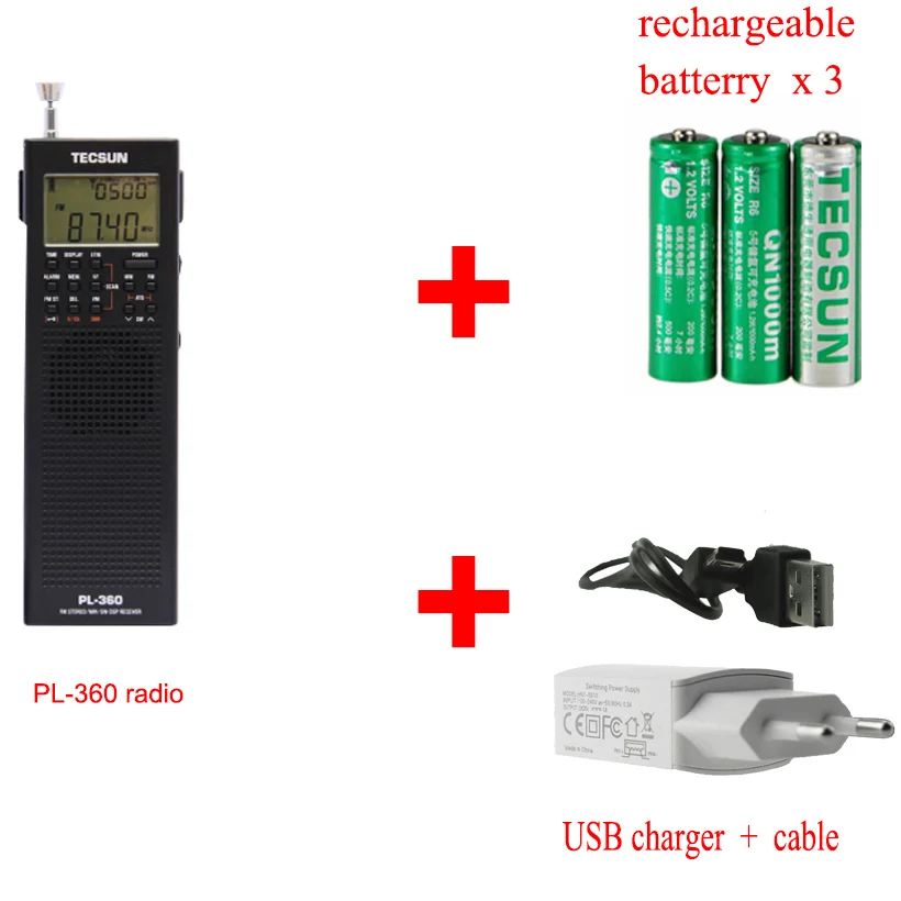 Tecsun PL-360 полнодиапазонная FM/MW/LW/SW цифровая Демодуляция пожилых карманная стерео Портативная полупроводниковая зарядка кампус радио - Цвет: Black USB set