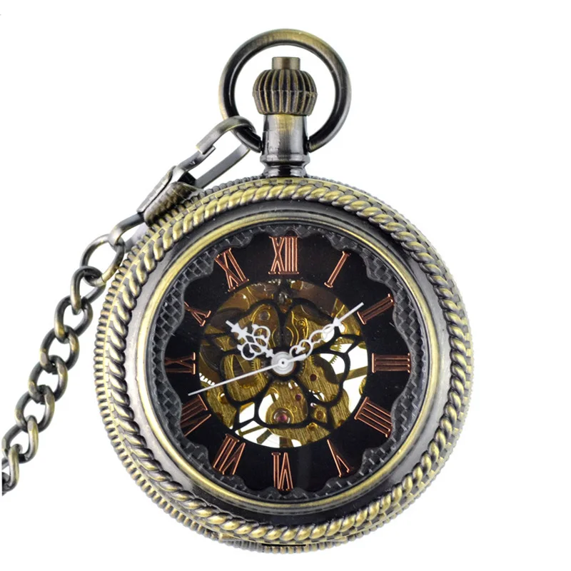 

2017 WOONUN Steampunk Pocket Watch Men Fashion Bronze Skeleton Mechanical Hand Wind Pocket Watches With Chain Fob Watches