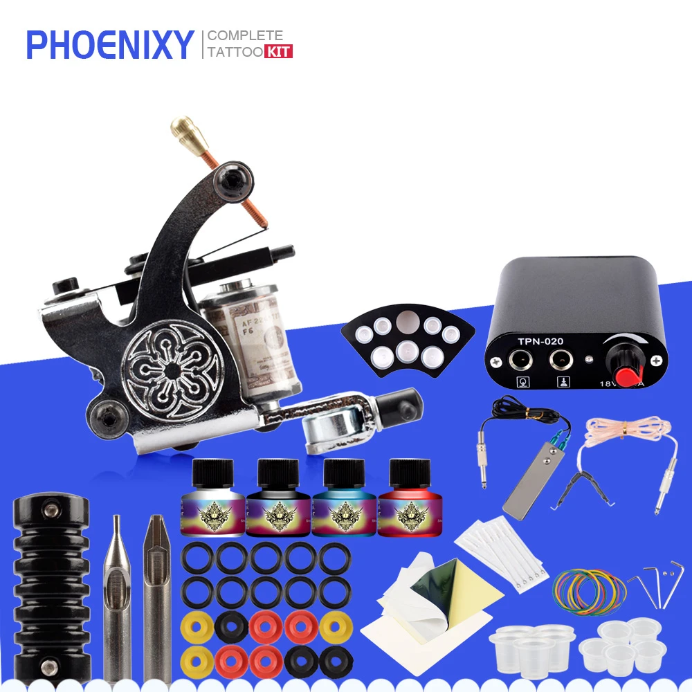 

Beginner Tattoo Kit 8 Wrap Coils Tattoo Machines Gun Set 4Pcs Inks Grips Needles Power Supply Permanent make Tattoo Machine Set