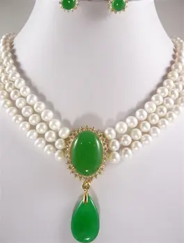 

FREE SHIPPING3color! 3 row 6-7mm white/pink/black pearl & green jade pendant necklace earring
