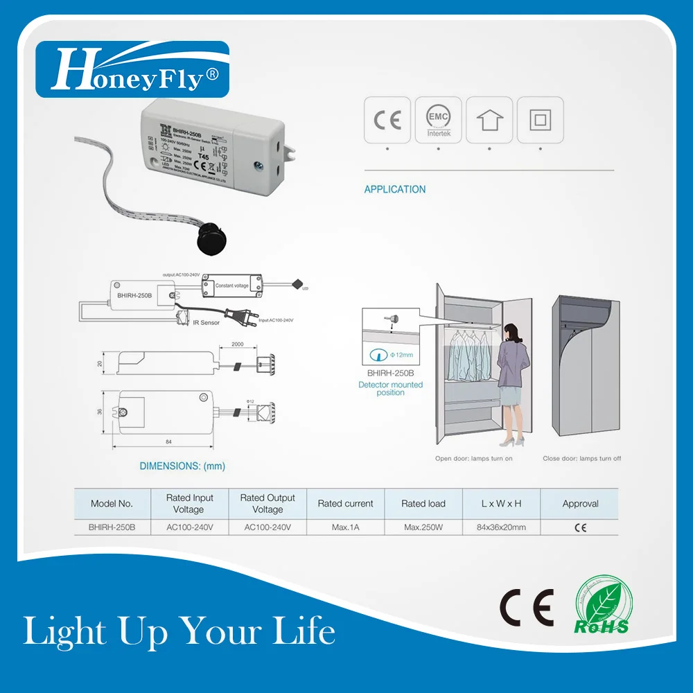 HoneyFly 5 шт. запатентованный инфракрасный сенсорный переключатель 250 Вт(Max70W для светодиодный лампы) 100-240 в ИК-датчик переключатель датчик движения Автоматическое включение/выключение CE