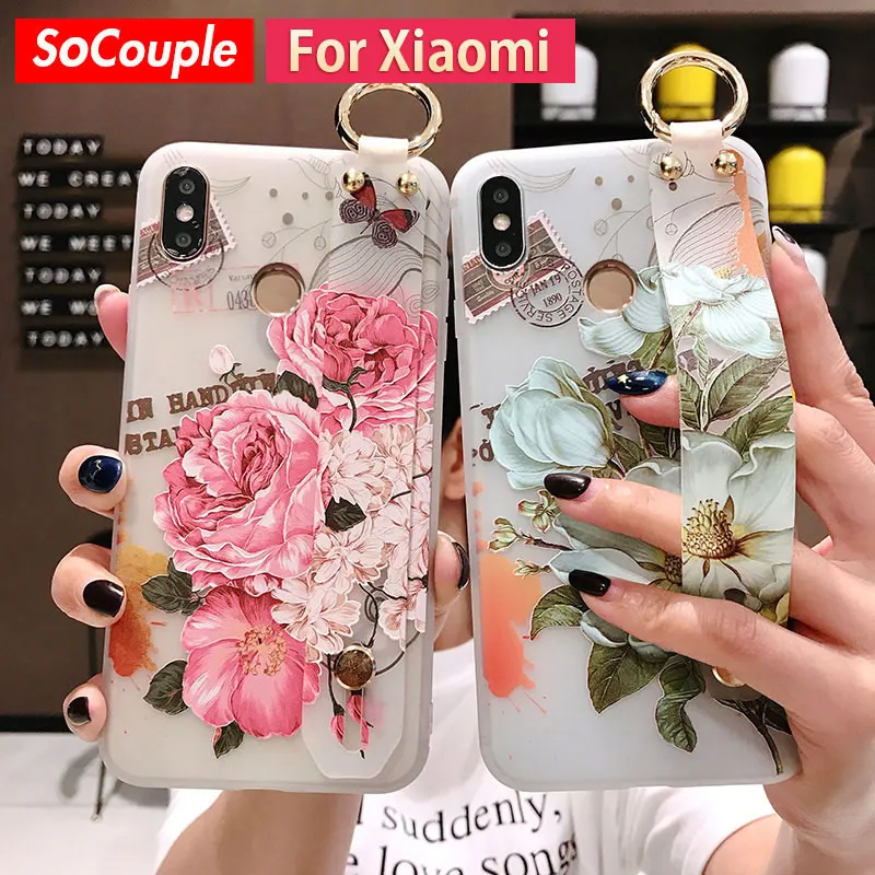 

SoCouple Holder Phone Case For Xiaomi 8 9 5X 6X Redmi Note 4X 5 5A 6 7 Pro Flower Pattern Soft TPU Wrist Strap Case Stand Cover