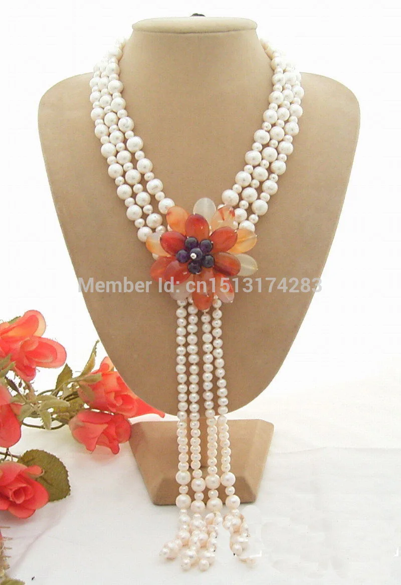 

FREE SHIPPING>>>3Strds White Pearl&Carnelian Flower Necklace