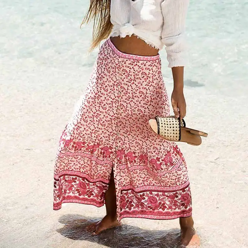 

Pink Floral Print Boho Summer Skirt Slit Front A-line Maxi Skirt Holiday Beach Chic Long Skirts Womens 2019 Faldas