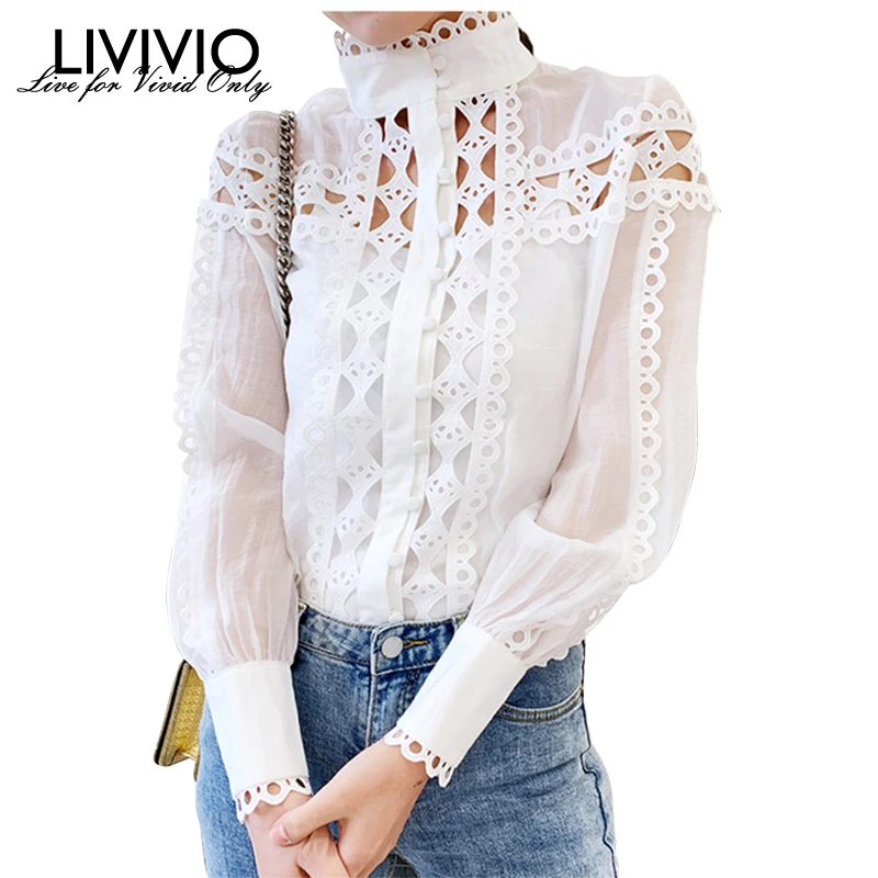 

[LIVIVIO] 2019 Spring Summer Hollow Out Womens Shirts Blouse Stand Collar Sheer Lace Tops Female Fashion Clothing Two Piece