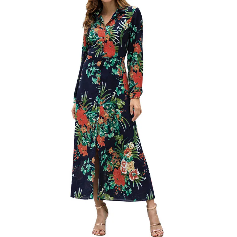 

2019 Women Autumn Winter Boho Floral Print Buttons Shirt Dress Long Sleeve Temperamental Elegant Long Dresses