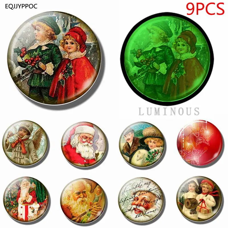 

Cute Christmas Gift Cartoon Santa Claus 9PCS 25MM Luminous Magnetic Stickers glass Fridge Magnet Set for Refrigerator Decoration