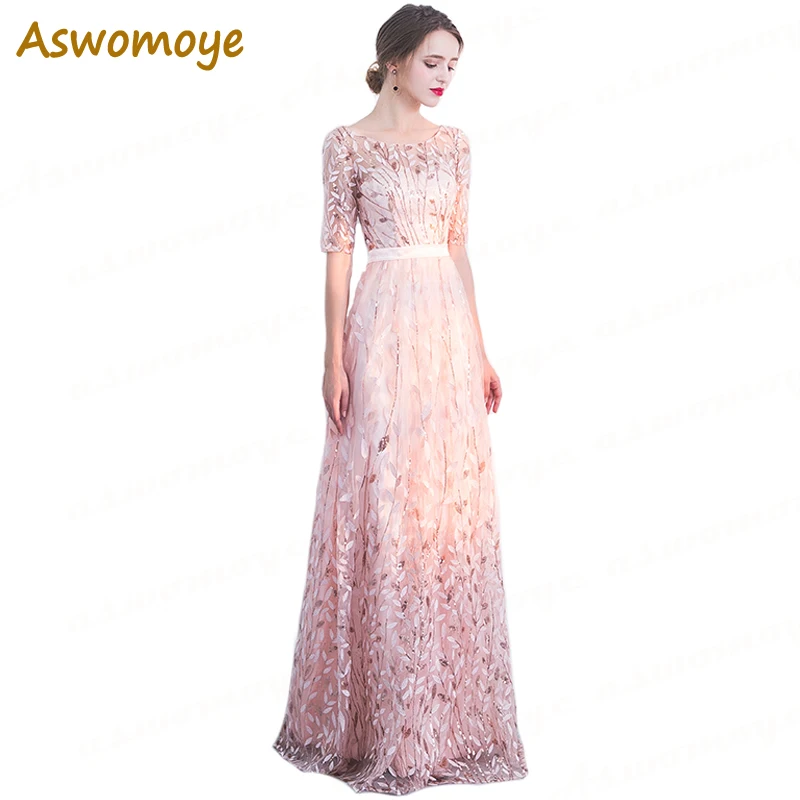 

Illusion O-Neck Long Evening Dress 2018 New Stylish Party Dresses A Line Luxury Half Sleeve Appliques Prom Dress robe de soiree