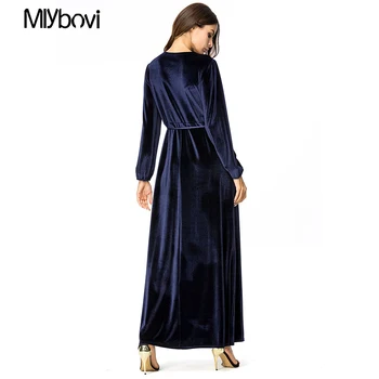 

Navy Women Muslim Dress Muslim Long Sleeve Dress With Drawstring 2018 Women Kaftan Dubai Islamic Clothing Patchwork Blue Dress