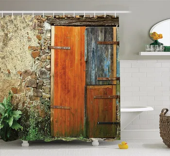

High Quality Arts Shower Curtains Retro Wooden door stone wall plant Bathroom Decorative Modern Waterproof Shower curtain