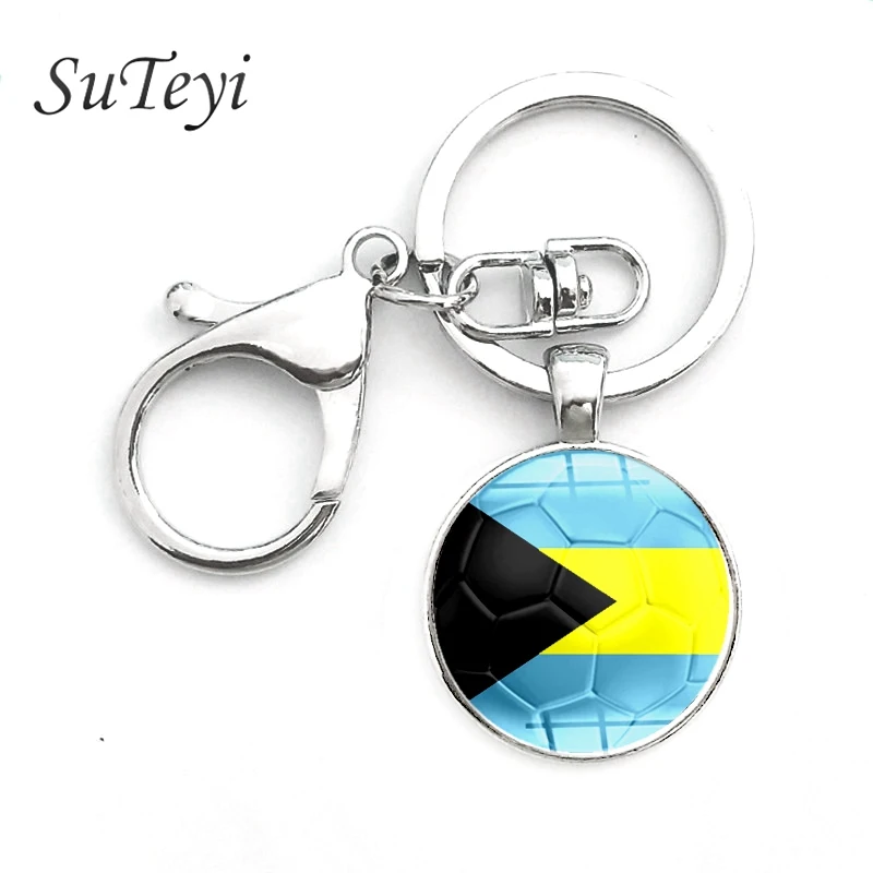 #*Cheap SUTEYI Bahamas Flag Art Picture Keychain Pakistan Paraguay Flags Glass Cabochon Football Key Ring Handmade Men Key Chain Jewelry