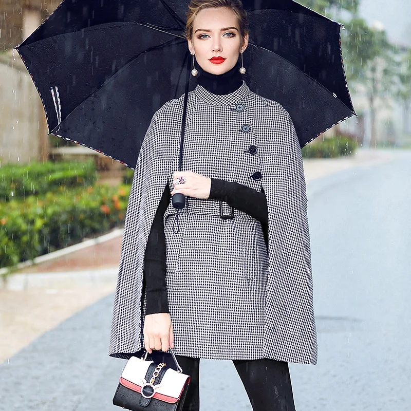 Kakagogo Classical England Style Office Lady Long Bat Sleeve Batwing Houndstooth Swallow Gird Trench font b