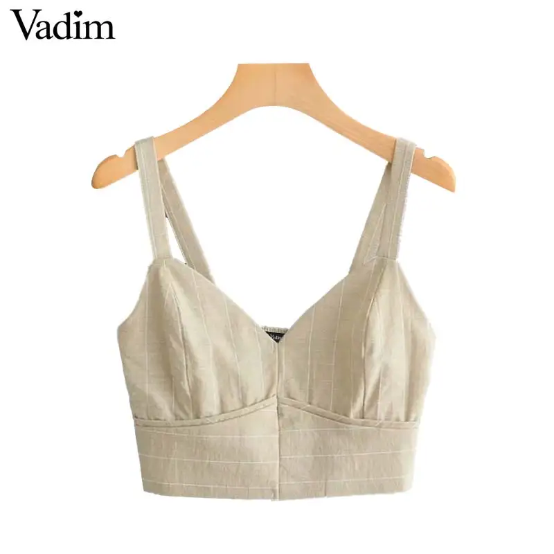 

Vadim women sexy striped crop top V neck sleeveless elastic waist camis tank top short style female tops WA320