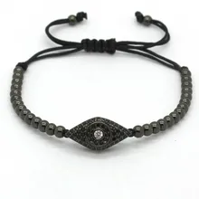 Top 2016 Fashion Men Black Bracelet Trendy Pave Setting Black CZ Evil Eye Connector Cz Beads Braiding DIY Charm Bracelets
