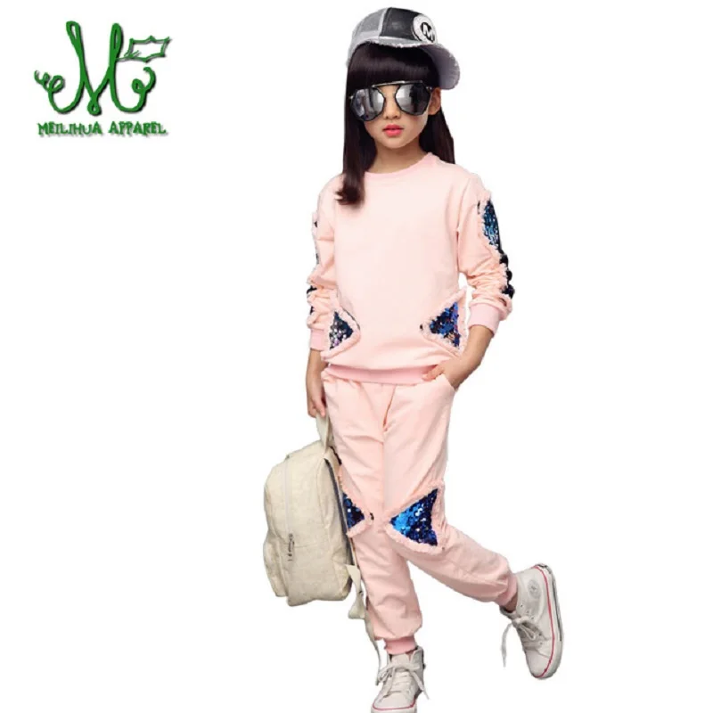 

Big Girls Clothing Set Solid Sport Suit Sequin 5 8 10 12 14 Tracksuit 2018 Spring Kids Coat+Pants Girls Clothes School style
