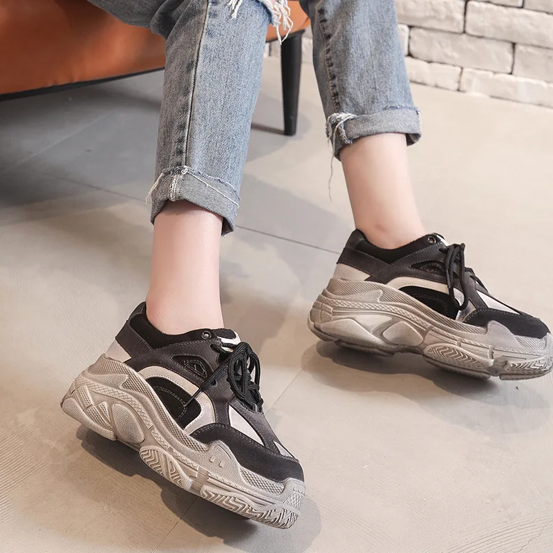 

Lace-Up Casual Fashion Platform Sneakers Cross-tied Sewing Female Vulcanize Shoes Solid Winter Med Thick Soled Women Shoes