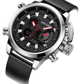 

2019 New Top Brand MEGIR Men's Sport Quartz Watches Leather Strap Chronograph Luminous Army Wristwatch Clock Relogios Black