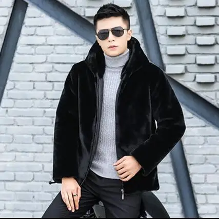 Winter autumn thicken thermal faux fur leather jacket men casual mens wadded coats hooded black green blue fashion 2019 warm