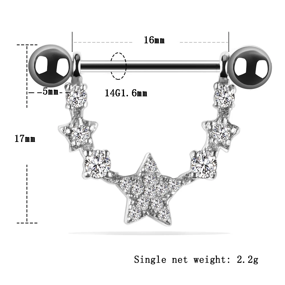 Мода инкрустированный пятиконечная звезда Нержавеющая сталь сосков кольца язык кольца, пирсинг Кольца для Для женщин девочек