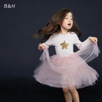 

Buenos Ninos Spring Autumn Baby Girls Fashion Sequined Stars TuTu Dress Long Sleeve Fluffy Party Dresses For Kids Clothing