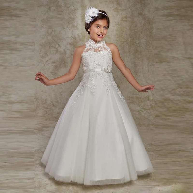 Tulle Appliques Beaded Flower Girl Dresses For Wedding High Neck Kid Gowns A-Line Long Communion Dresses