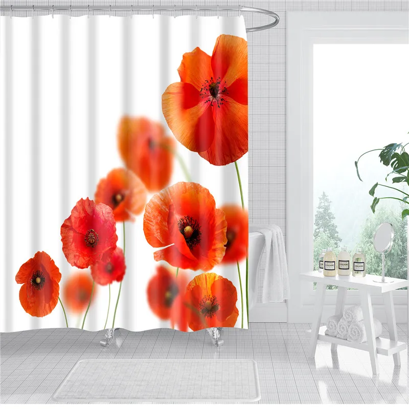 Red Flowers Printed 3d Shower Curtains Waterproof Polyester Fabric Bathroom Screen Chinese Style Bath Curtain Set with Hooks