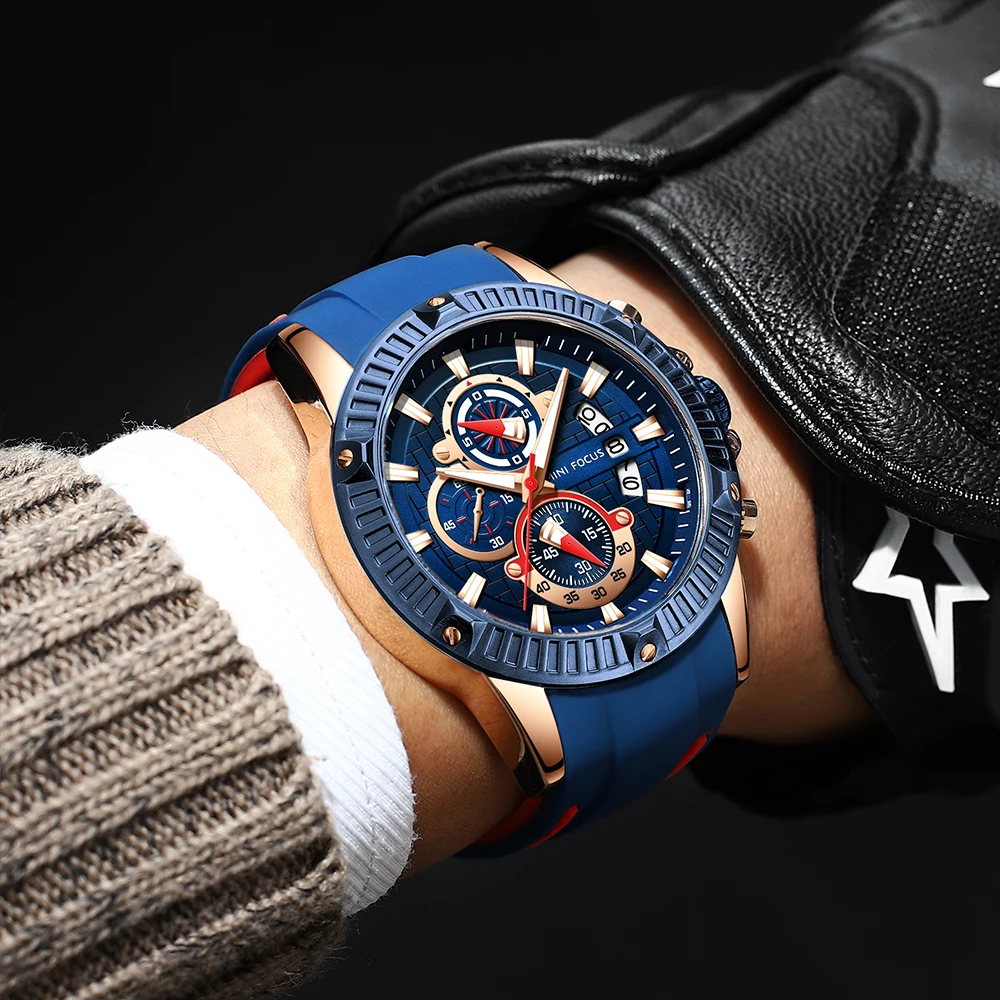 Mini Focus мужские модные часы, синие, розовые, золотые, с резиновым ремешком, 3D, 3 циферблата, водонепроницаемые, Топ бренд, роскошные спортивные мужские часы
