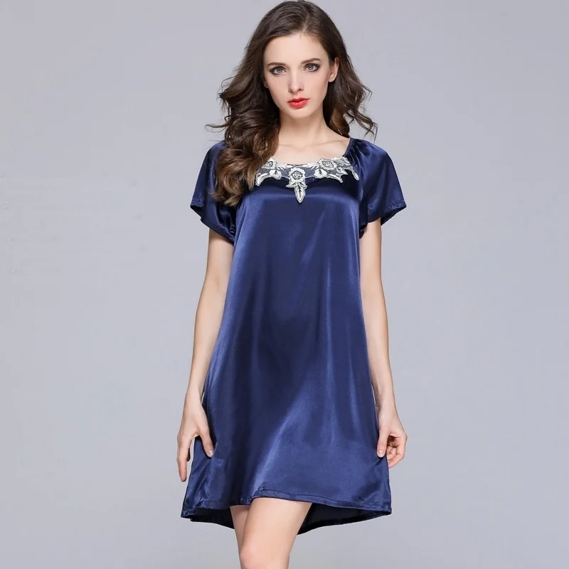 Новое поступление, Женская атласная пижама, ледяная шелковая ночная сорочка с короткими рукавами, ночная рубашка, сексуальное нижнее белье с v-образным вырезом, домашняя одежда - Цвет: Style Three Navy blu
