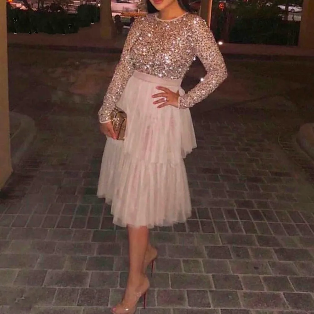 

Arabia Evening Dress Long Vestido De Festa Sequins Evening Dresses Mid Calf Length Custom Made Elegant Evening Gown Tiered