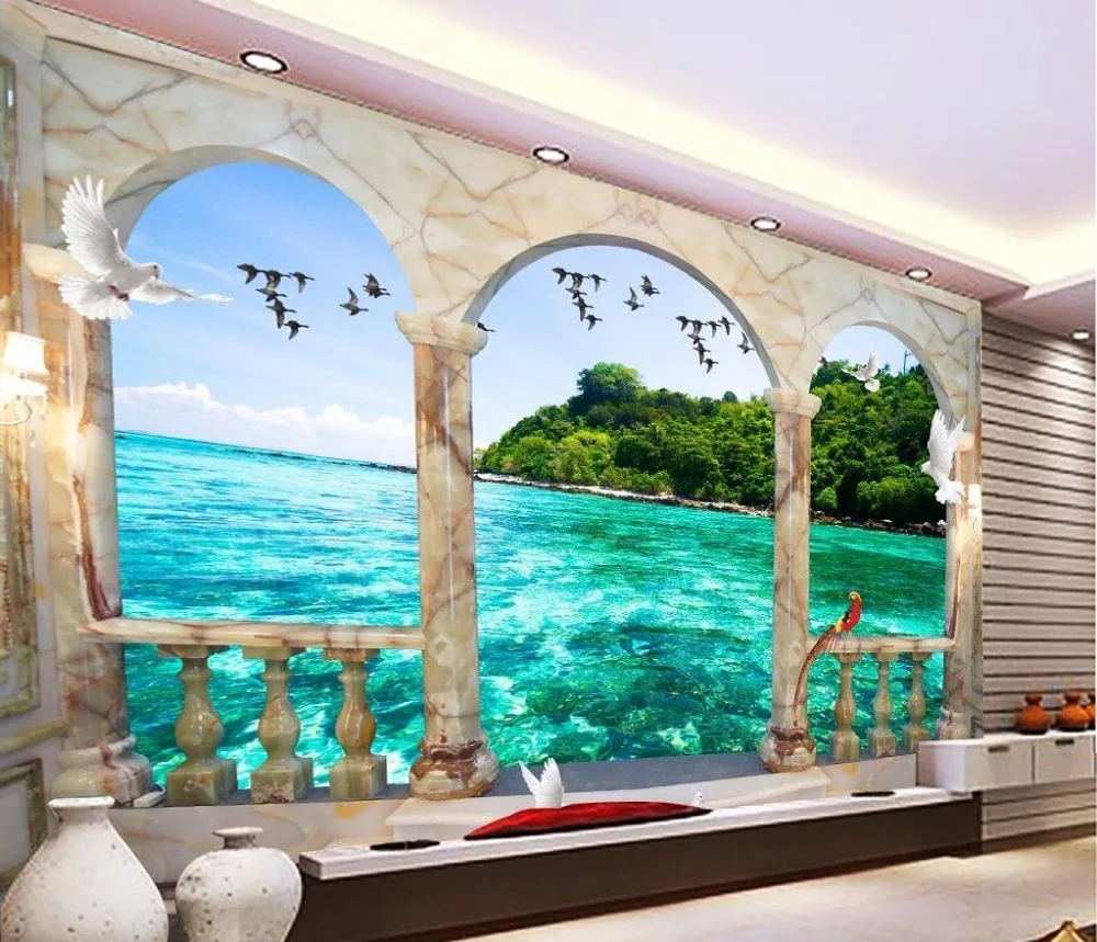 3d Wallpaper Layar Giok Ukiran Giok Alam Dengan Sea View