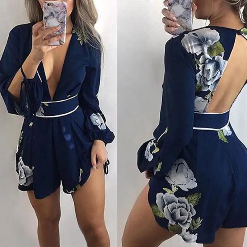 

EFINNY Sexy Short Floral Printed Bodysuit Summer Beach Club Elegant Jumpsuit Deep V Print Playsuits Navy Rompers