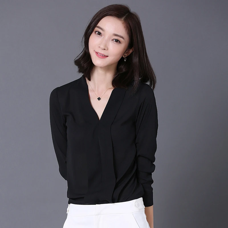 Autumn Korean Style Vogue Women Chiffon Blouses V-Neck Long Sleeve Off White Office Elegant Lady Tops Blusas Femininas Plus Size Blouses