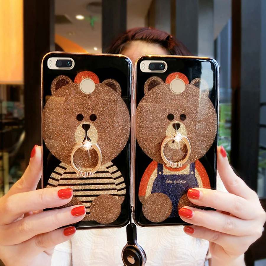 

Ritozcase For Xiaomi Mi A1 Case glitter bear with bling diamond ring holder tpu+pc Hard Back Cover cases for xiaomi mi a1 mi 5x