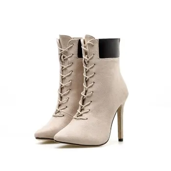

Ladies fashion pink princess bare boots pointed cross strap stiletto heels arge size women's shoes