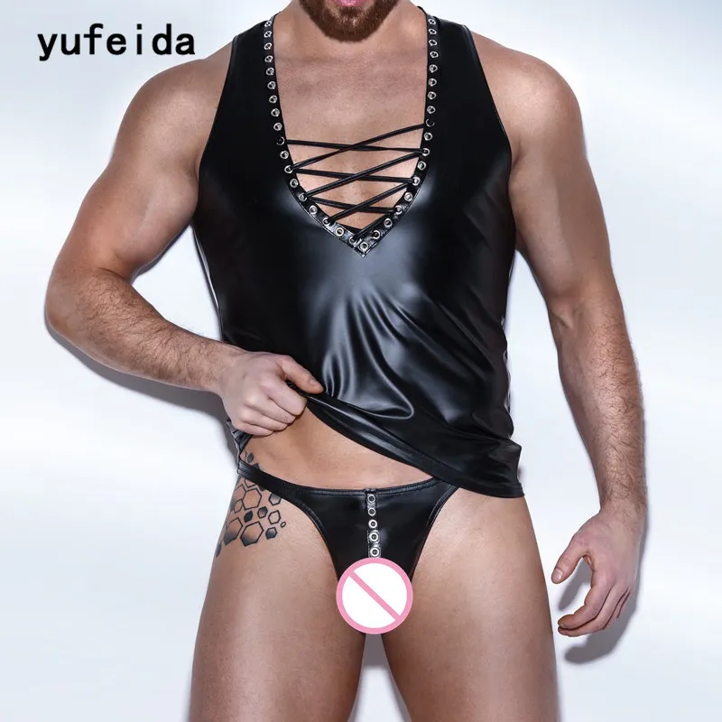 

YUFEIDA Men Sexy Tops Tees Tight Undershirts Bandage Faux Leather Shiny Metal Corset Gay Vest Adult Outfit Undershirts And Thong