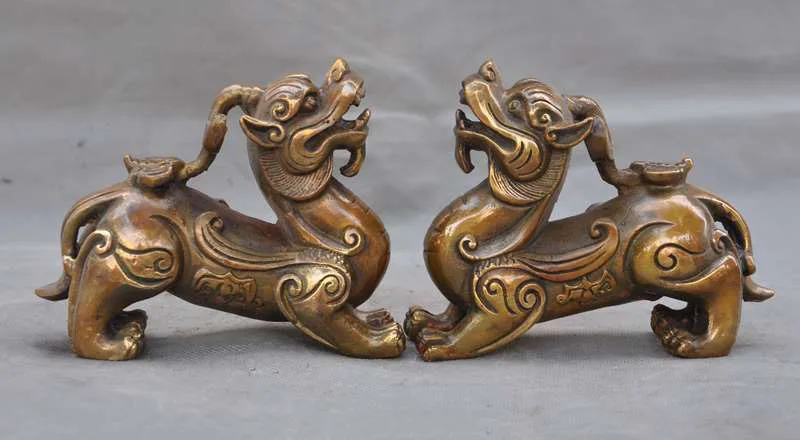 

christmas Chinese Bronze Carving ruyi Pixiu Brave Troops Unicorn Beast Animal Pair Statue halloween