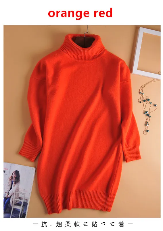 Lafarvie свободный кашемировый вязаный длинный свитер женские топы Осень Зима Женский пуловер Водолазка длинный рукав сплошной цвет - Цвет: orange red