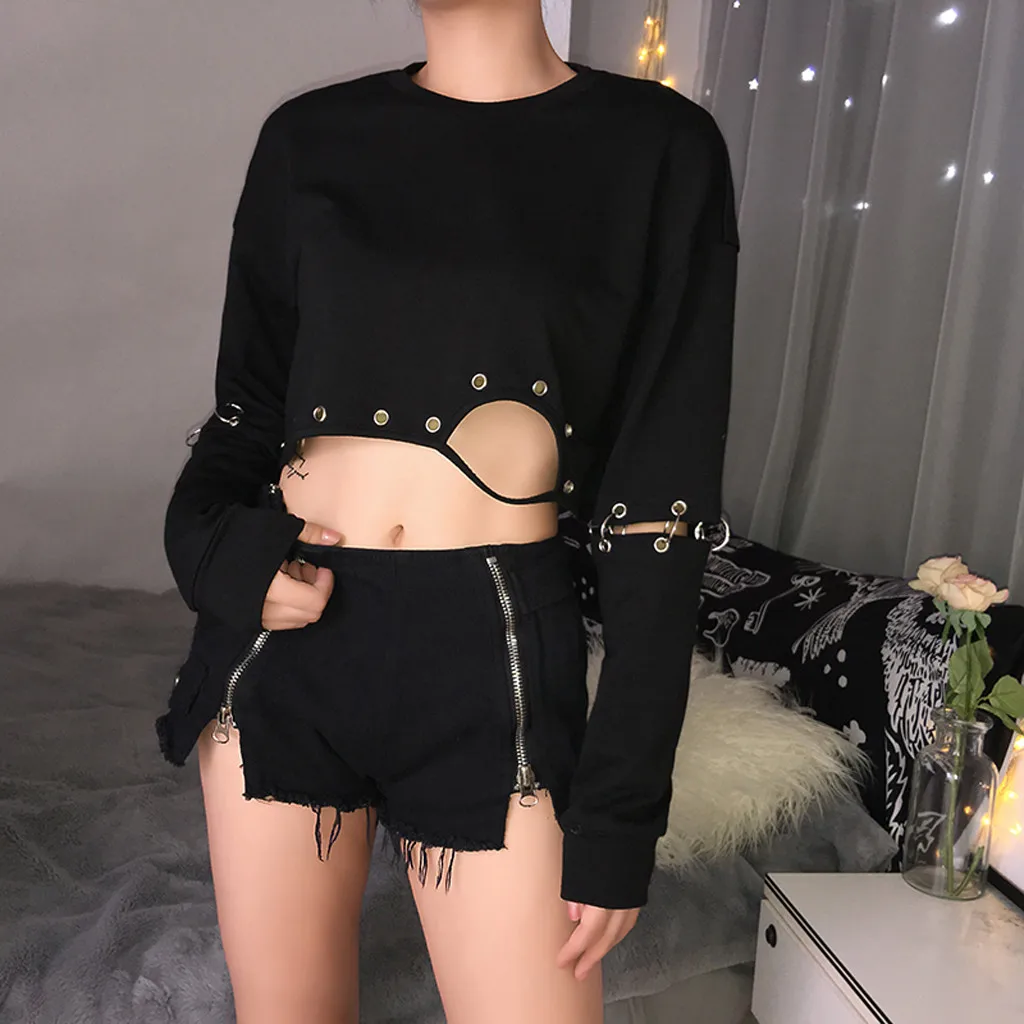 

Women Autumn Sweatshirts Girl Gothic Punk Style Long Sleeve O-Neck Solid Black Shorts Sweatshirts Streetwear Tops Sudadera Mujer