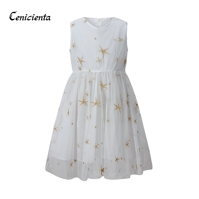 Cenicienta Kid dresses for Girl O-Neck Sleeveless Star Embroidery Summer Foormal Style Children Clothing White Cotton Dress | Детская