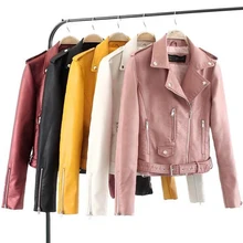 6 цветов женская кожаная куртка с поясом Женская верхняя одежда с отложным воротником байкерское кожаное пальто Casaco Femiinino