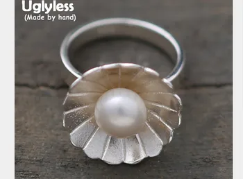 

Uglyless Genuine S 990 Silver Fine Women Dress Jewelry Handmade Carved Daisy Flower Rings Natural Pearls Finger Ring Adjustable